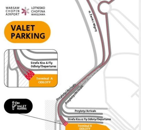 Dojazd do strefy przekazania Valet Parking przed terminalem Lotniska Chopina